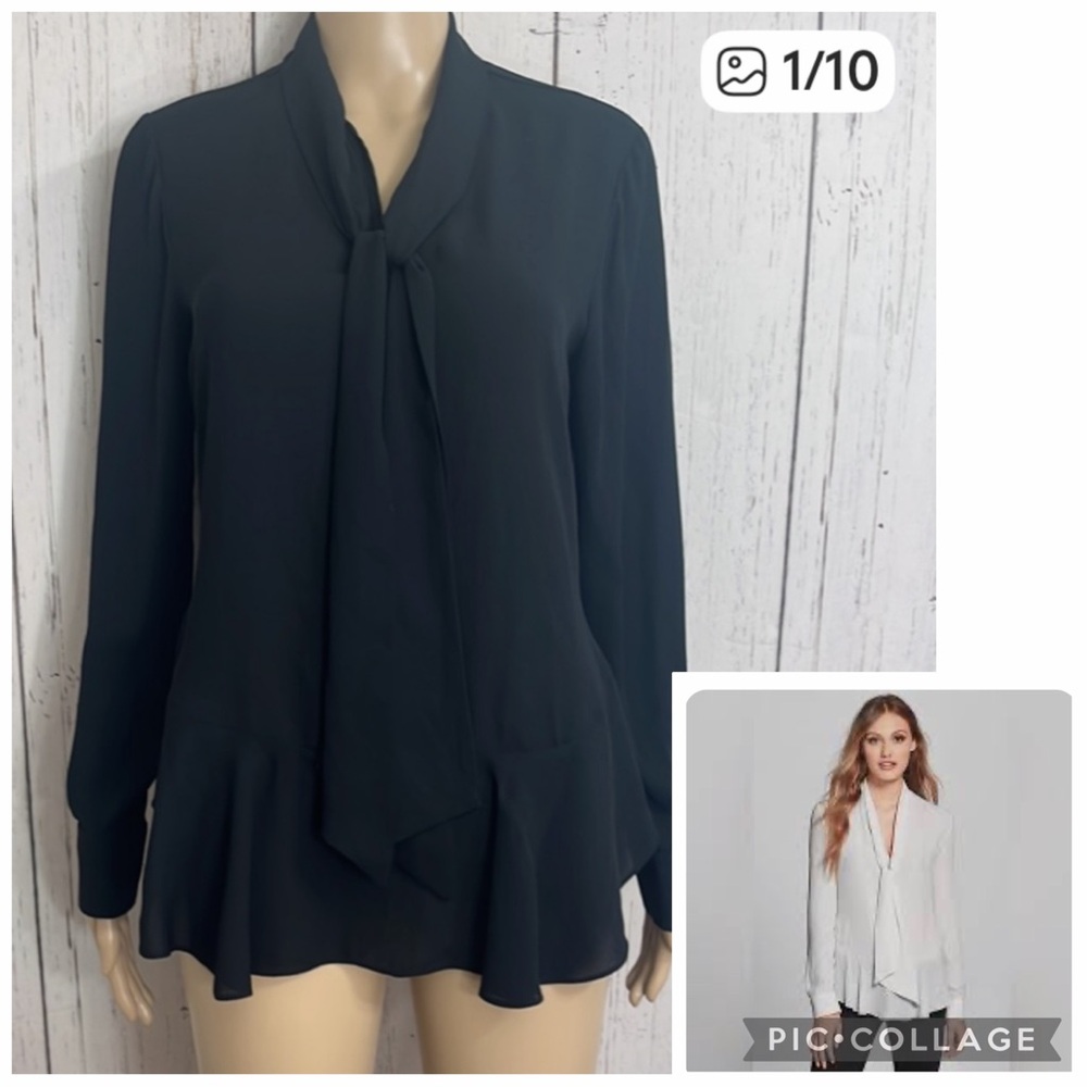 Vince Camuto Black Long Sleeves Top Peplum Tie neck Blouse 100% Polyester Size S